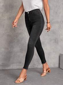SHEIN LUNE Studded Detail Raw Hem Skinny Jeans - Black - View 4