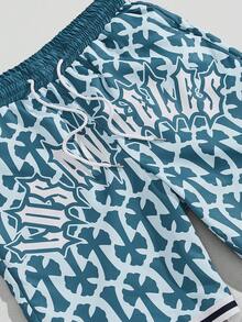 ROMWE MEN Street Life Các bạn Vượt qua Đồ họa Chữ cái Sọc trang trí Eo dây rút Quần short - Màu xanh lam - Xem 4