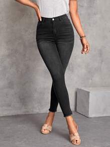 SHEIN LUNE Studded Detail Raw Hem Skinny Jeans - Black - View 5