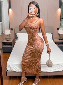 SHEIN Clasi Marble Print Cami Bodycon Dress Maxi Women Outfit - Brown - View 5