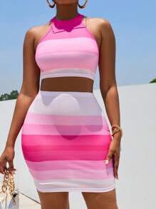 SHEIN Essnce 撞色繞頸短上衣和包臀半身裙 - 彩色 - 查看 6