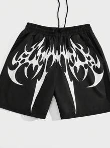 ROMWE MEN Goth Pantalones Cortos De Cintura Con Cordón Estampado Para Hombre - Negro - Ver 4