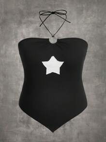 ROMWE Grunge Punk 大碼星星印花掛脖上衣 - 黑色 - 查看 1