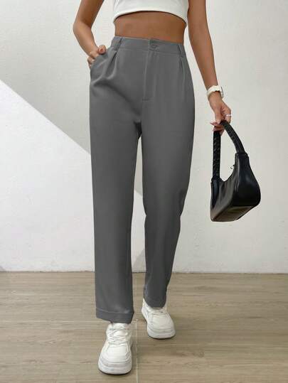SHEIN Essnce High Waist Plicated Detail Pants,Ladies Spring/Fall Casual Button,Pocket,Zipper High Waist Tapered/Carrot Long Grey Loose Women Pants,Casual Daily Wear