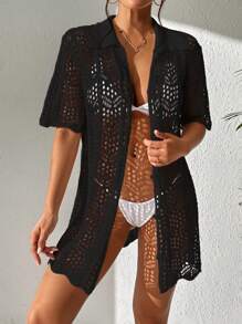 SHEIN Swim 鏤空前紐扣和服罩衫 - 黑色 - 查看 3