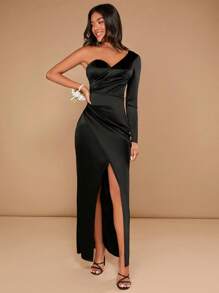 SHEIN Belle One Shoulder Wrap Hem Satin Bridesmaid Dress - Black - View 7