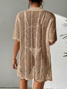 SHEIN Swim Summer Beach Hollow Out Button Front Kimono - Khaki - View 2