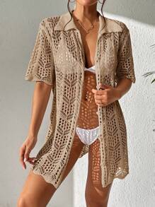 SHEIN Swim Summer Beach Hollow Out Button Front Kimono - Khaki - View 3