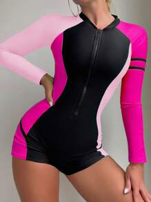 Swim SPRTY Colourblock Zipper Front Raglan Sleeve One Piece Swimsuit - Multicolor - View 1