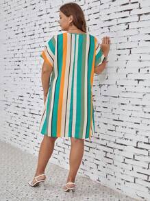 SHEIN LUNE Plus Striped Print Notched Neckline Batwing Sleeve Tunic Dress - Yellow - View 2