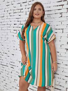 SHEIN LUNE Plus Striped Print Notched Neckline Batwing Sleeve Tunic Dress - Yellow - View 5