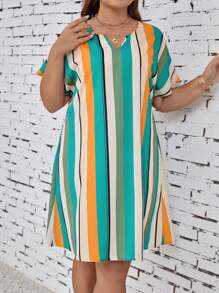 SHEIN LUNE Plus Striped Print Notched Neckline Batwing Sleeve Tunic Dress - Yellow - View 6