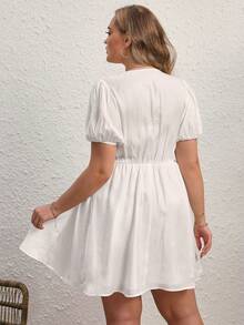 SHEIN VCAY Plus Shirred Waist Puff Sleeve Dress - White - View 2
