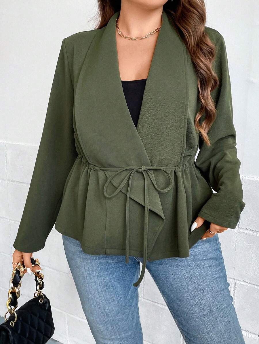 SHEIN LUNE 大碼大翻領腰部抽繩夾克 - 軍綠色 - 查看 1