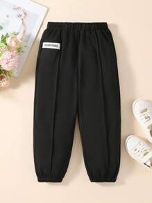 SHEIN Young Girl Letter Patched Detail Press Crease Elastic Waist Sweatpants