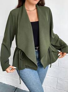 SHEIN LUNE 大碼大翻領腰部抽繩夾克 - 軍綠色 - 查看 5