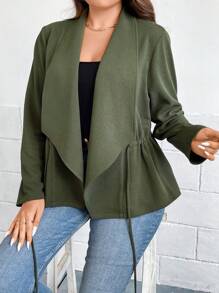 SHEIN LUNE 大碼大翻領腰部抽繩夾克 - 軍綠色 - 查看 7