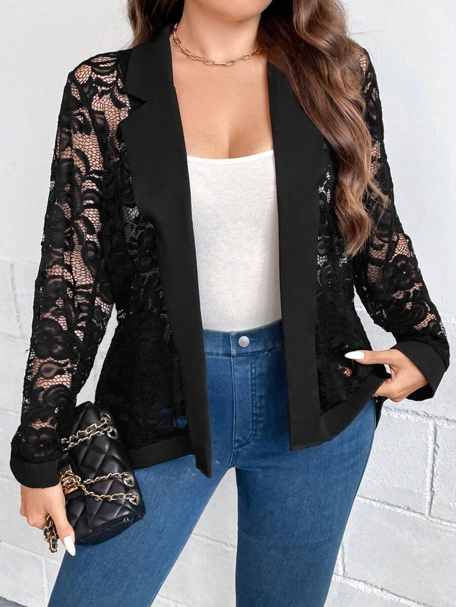 SHEIN Clasi Plus Lapel Neck Open Front Lace Blazer - Black - View 1