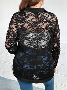 SHEIN Clasi Plus Lapel Neck Open Front Lace Blazer - Black - View 2