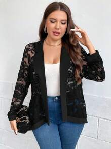 SHEIN Clasi Plus Lapel Neck Open Front Lace Blazer - Black - View 3