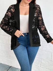 SHEIN Clasi Plus Lapel Neck Open Front Lace Blazer - Black - View 4