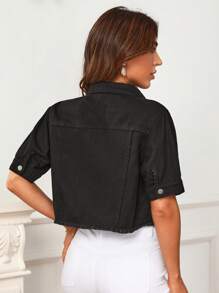 SHEIN Frenchy Flap Pocket Crop Denim Jacket - Black - View 4