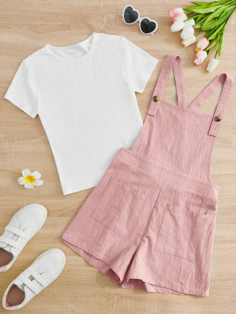 SHEIN Leap Crew Teen Girl Solid Tee & Overall Romper