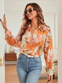 Aveloria Modichic 女士秋季随机花卉印花纽扣宽松长袖缎面衬衫优雅商务休闲女士纽扣衬衫 - 橘色 - 查看 1