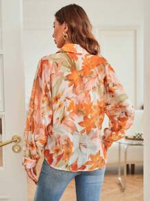 Aveloria Modichic 女士秋季随机花卉印花纽扣宽松长袖缎面衬衫优雅商务休闲女士纽扣衬衫 - 橘色 - 查看 2