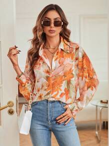 Aveloria Modichic 女士秋季随机花卉印花纽扣宽松长袖缎面衬衫优雅商务休闲女士纽扣衬衫 - 橘色 - 查看 4
