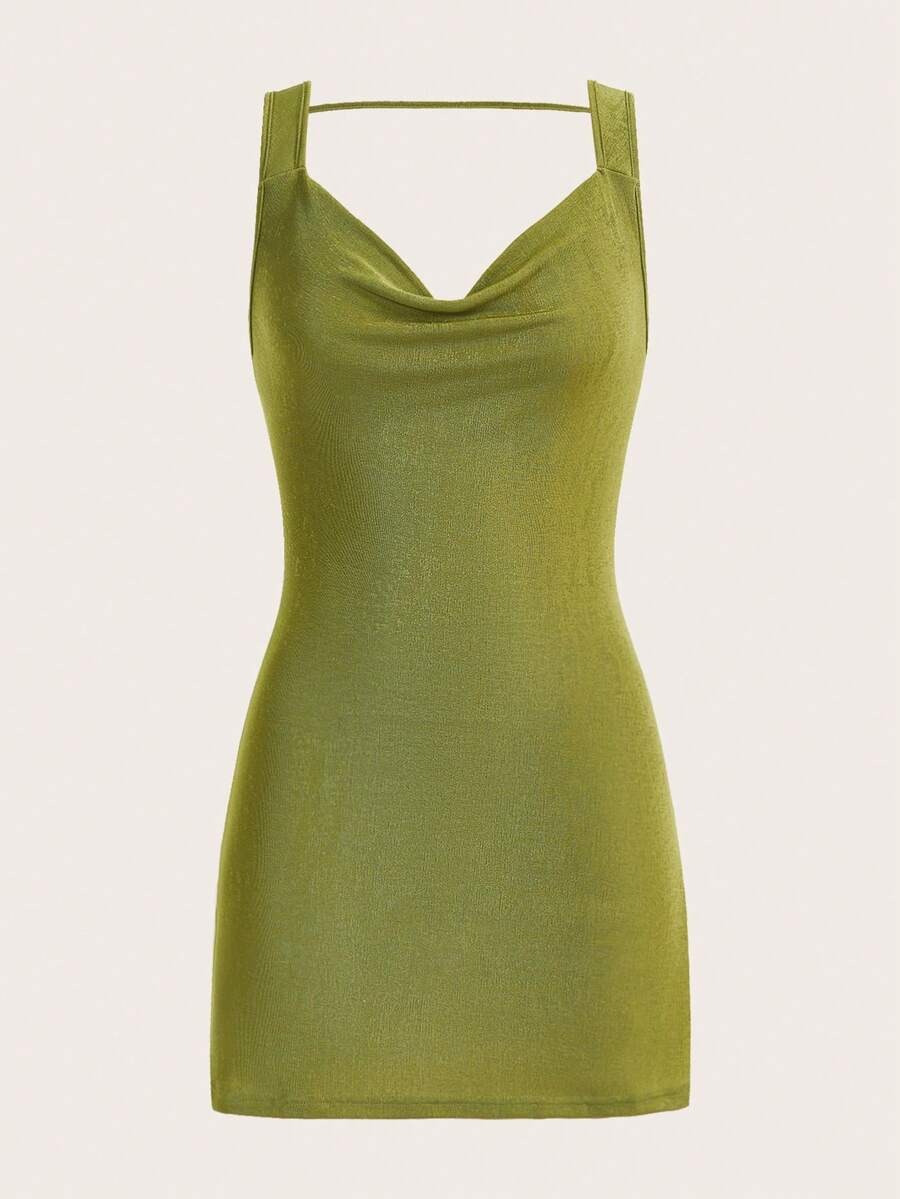 SHEIN EZwear Draped Collar Solid Cami Dress - Green - View 1