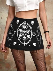 ROMWE Goth Skull & Butterfly Print Skirt - Black - View 1