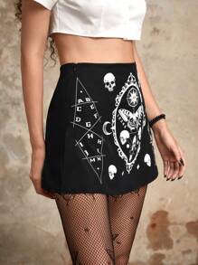 ROMWE Goth Skull & Butterfly Print Skirt - Black - View 3