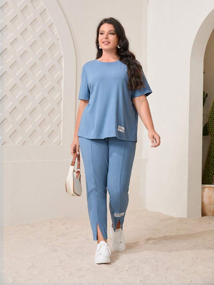 Plus Letter Patched Detail Tee & Split Hem Pants 2 Piece Set