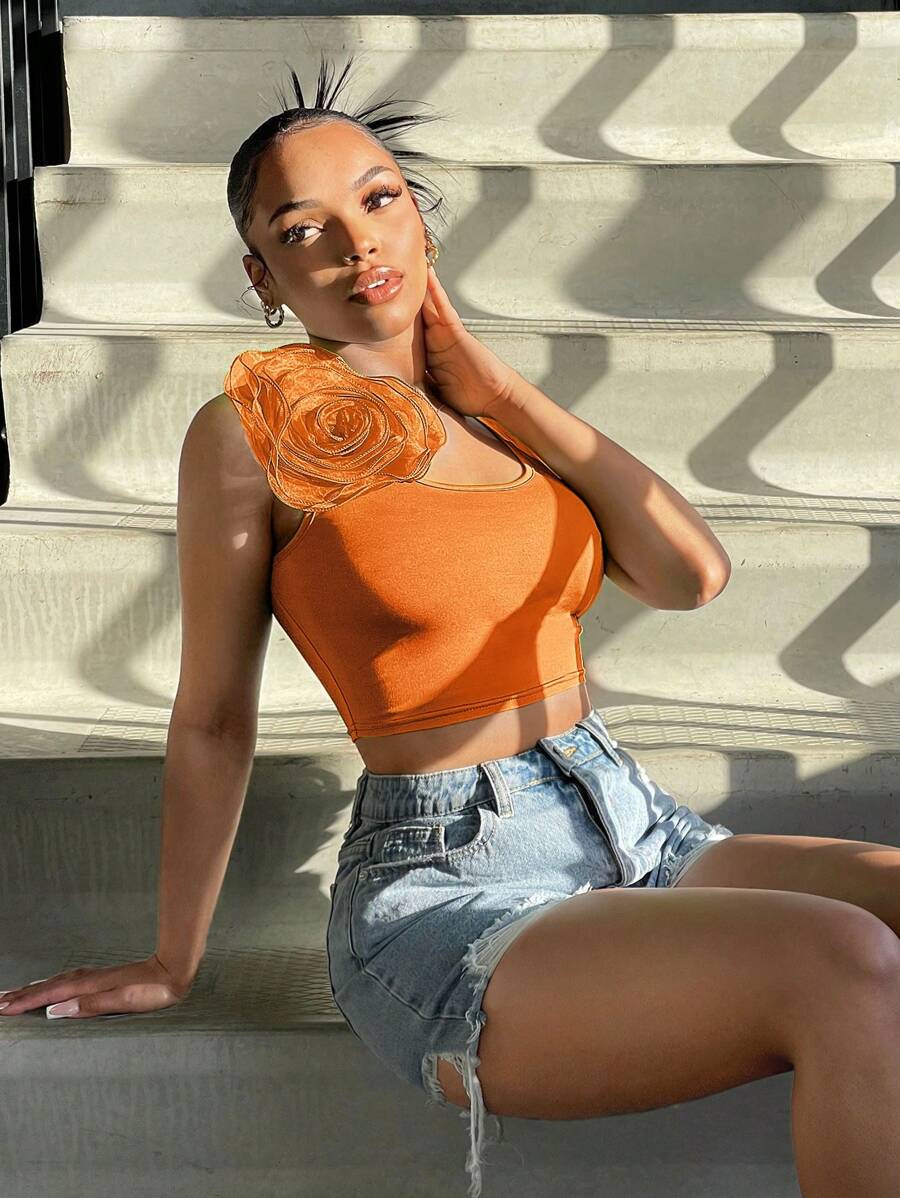 SHEIN SXY Solid Stereo Flower Crop Tank Top - Orange - View 1