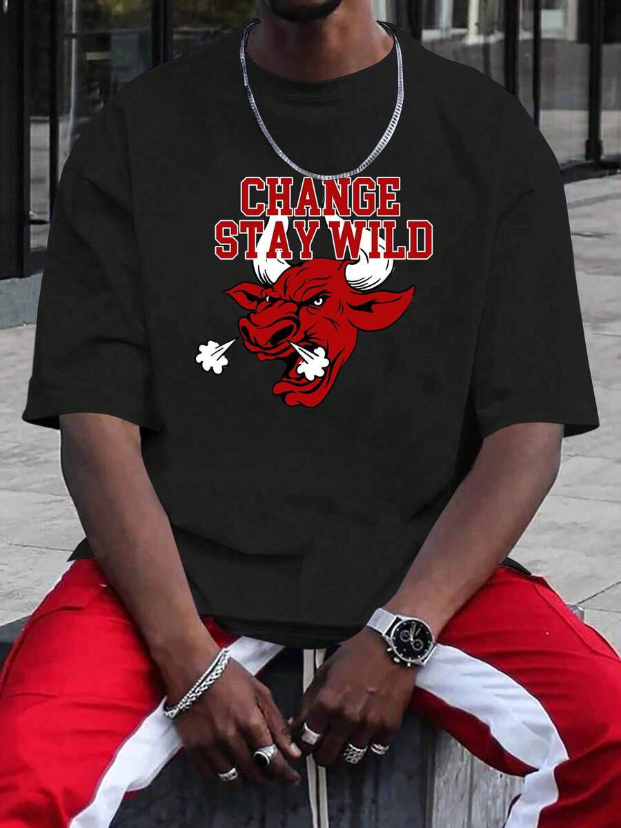 Manfinity Hombres Camiseta con estampado de animal y letra - Negro - Ver 1