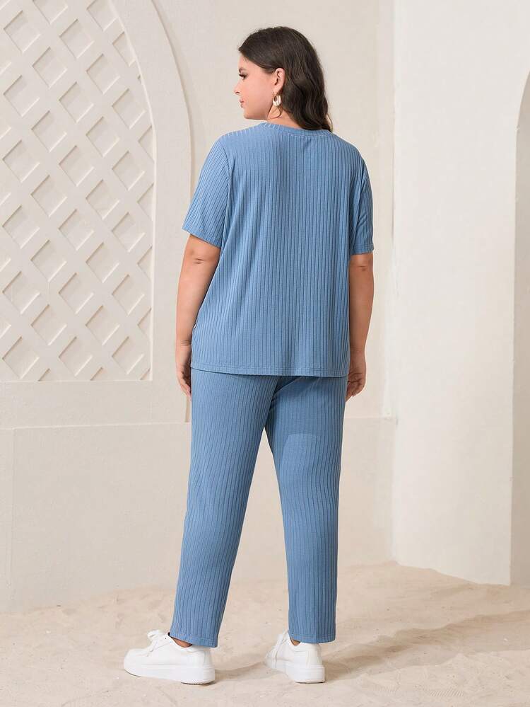 Plus Letter Patched Detail Tee & Split Hem Pants 2 Piece Set