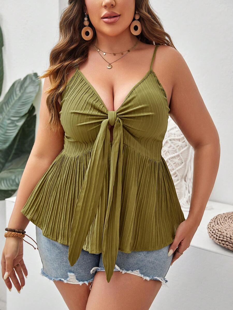 SHEIN VCAY Plus Knot Front Peplum Cami Top - Army Green - View 1