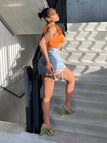 SHEIN SXY Solid Stereo Flower Crop Tank Top - Orange - View 2