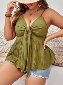 SHEIN VCAY Plus Knot Front Peplum Cami Top - Army Green - View 3