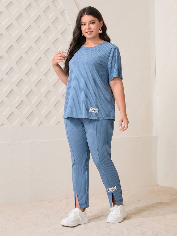 Plus Letter Patched Detail Tee & Split Hem Pants 2 Piece Set