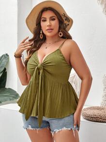 SHEIN VCAY Plus Knot Front Peplum Cami Top - Army Green - View 4