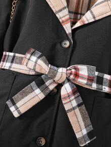 SHEIN Cô Gái Trẻ In kẻ sọc Thắt lưng Áo khoác Trench - màu đen - Xem 7