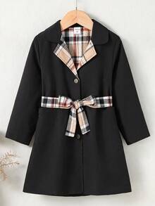 SHEIN Cô Gái Trẻ In kẻ sọc Thắt lưng Áo khoác Trench - màu đen - Xem 8