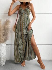 Breezaya Geo Print Split Thigh Cami Dress Maxi Vacation Beach Outfits Women