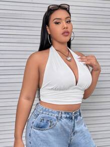 CovetEZ Plus Backless Crop Halter Top - White - View 9