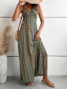 Breezaya Geo Print Split Thigh Cami Dress Maxi Vacation Beach Outfits Women