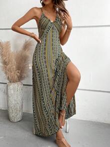Breezaya Geo Print Split Thigh Cami Dress Maxi Vacation Beach Outfits Women