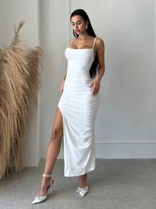 SHEIN SXY 素色褶邊高衩吊帶洋裝 - 白色 - 查看 1