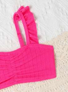 女婴荷叶边饰褶饰胸围沙滩装夏季海滩装 - 玫紅色 - 查看 3